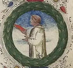 Miniature depicting Andreas Pannonius (Libellus de virtutibus Matthiae Corvino dedicatus, 1467)