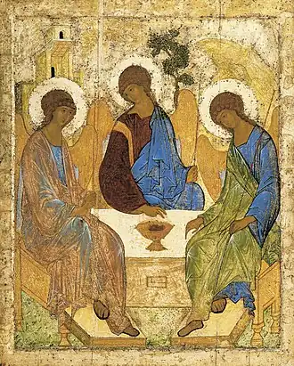 Holy Trinity, Hospitality of Abraham; by Andrei Rublev; c. 1411; tempera on panel; 1.1 x 1.4 m (4&nbsp;ft 8 in x 3&nbsp;ft 83⁄4 in); Tretyakov Gallery (Moscow)
