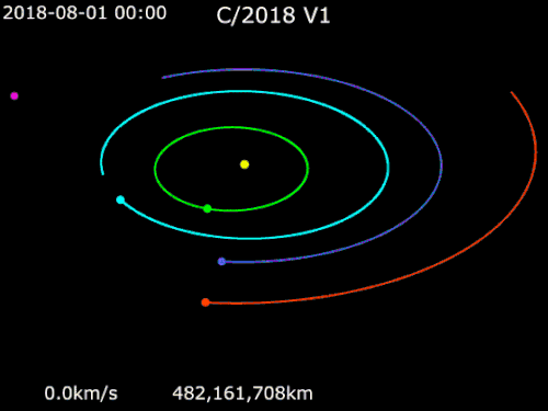 Animation of C/2018 V1's orbit &nbsp;&nbsp;Sun&nbsp;· &nbsp;&nbsp;Mercury &nbsp;· &nbsp;&nbsp;Venus&nbsp;· &nbsp;&nbsp;Earth&nbsp;· &nbsp;&nbsp;Mars&nbsp;· &nbsp;&nbsp;C/2018 V1