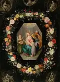 Frans Francken the Younger, Studio of Jan Brueghel the Younger and Anna Maria Janssens(?),Garland of flowers around a medaillon with the Holy Family and a music making angel