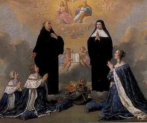 Anne of Austria with her children praying to the Holy Trinity with St Benedict and his sister St Scholastica by Philippe de Champaigne