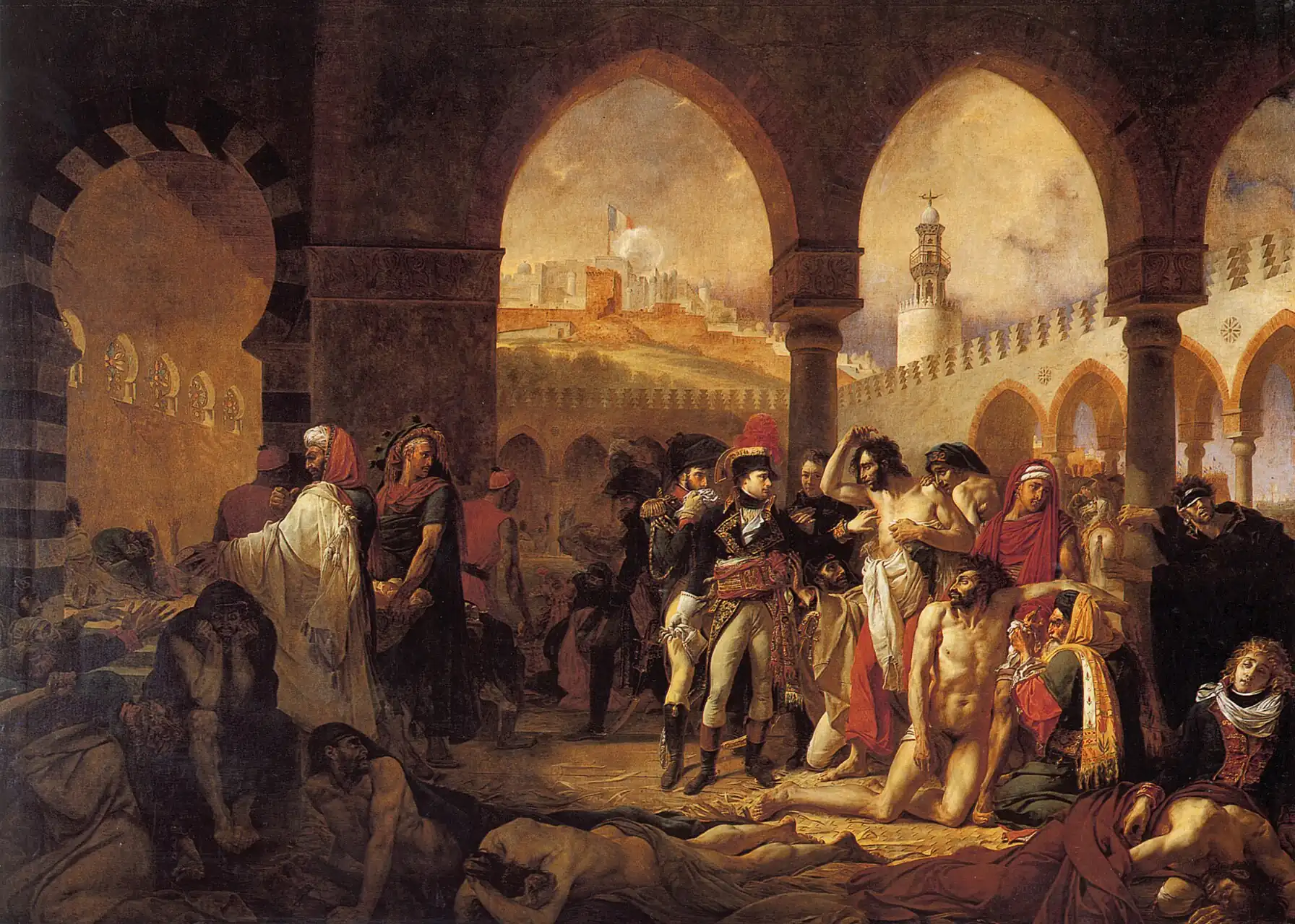 Bonaparte Visiting the Plague Victims of Jaffa; by Antoine-Jean Gros; 1804; oil on canvas; 5.2 x 7.2 m; Louvre[33]