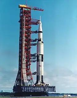 Saturn V, service structure and MLP on top of a crawler