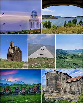 From top left: Holy Angels Church with Mount Aragats Aparan reservoir&nbsp;• Battle of Abaran memorial Mausoleum of Dro&nbsp;• Natural landscape of Aparan Armenian alphabet park&nbsp;• Kasagh Basilica