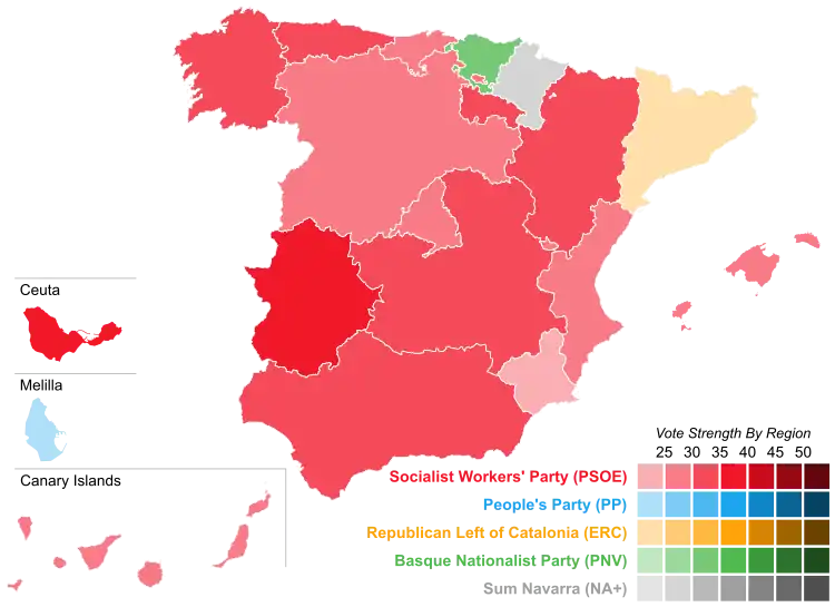 Map of Spain showcasing winning party's strength by autonomous community