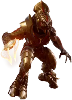 An alien warrior in a hunched position. Its feet end with two prominent claws, while its mouth is split into four parts lined with teeth. The alien is covered in shiny metal plates that overlap. In his hand he carries a glowing dual-tipped blade.a