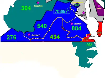 The area colored red indicates the southeast corner of Virginia served by area code 757
