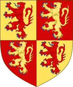 Owain Glyndŵr's coat of arms. It demonstrates his lineage from the princes of Gwynedd, whose image in the 13th century had been four passive lions. It was also used by pretender Prince of Wales, Owain Lawgoch.[62][f]