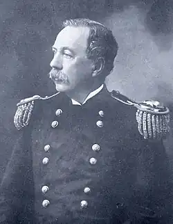 Black and white 1901 head and shoulders portrait of Asa B. Carey in dress uniform, facing slightly to his left, in right profile