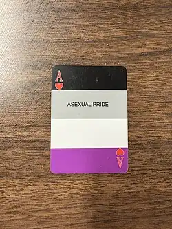 An ace of hearts with the words “ASEXUAL PRIDE” on it and asexual flag colors in the background, part of a display for International Asexuality Day set up in Pennsylvania in 2025.