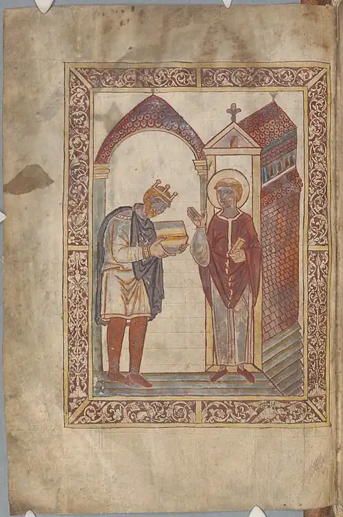 Æthelstan presenting a manuscript of Bede's Life of Saint Cuthbert to Cuthbert,[14] the earliest surviving portrait of a reigning English king.