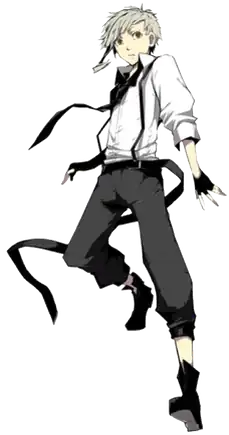 A young silver-haired man wearing a white shirt with a black tie, black pants, and fingerless gloves