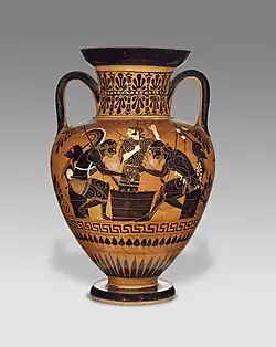 Achilles and Ajax playing a board game overseen by Athena, Attic black-figure neck amphora, c. 510&nbsp;BC