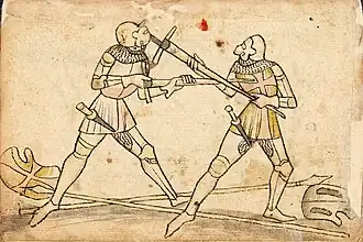 Armoured longsword combatants wearing roundel daggers as backup weapons (plate 214, Codex Wallerstein, 15th century)