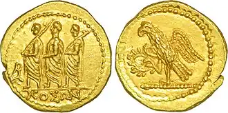 A golden Dacian stater that imitates a Roman denarius minted with the legend "ΚΟΣΩΝ"