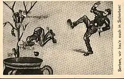 Austro-Hungarian propaganda postcard saying "Serbs, we'll smash you to pieces!"