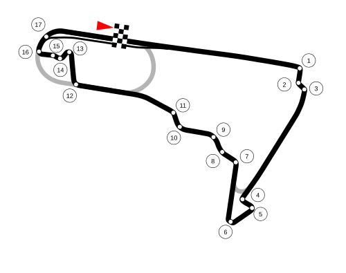 An image of the redesigned layout of the Autódromo Hermanos Rodríguez, which was introduced in 2015, and runs clockwise with seventeen corners.