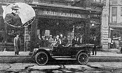 The automobile in which ex-president Roosevelt stood in front of the Gilpatrick Hotel. Crosses mark where Roosevelt and Schrank each stood.