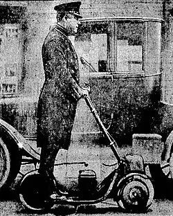 Historical photo of an Autoped in use by a traffic cop in Newark, New Jersey, 1922