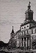 Lublin Town Hall (Polish: Lubelski ratusz); – (2022). Linocut on paper, 61&nbsp;×&nbsp;43 cm. Currently the town hall is a seat of the Historical Museum in Lubin, as well as the Governing Mayor and the City Council.