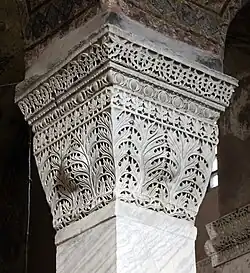 Byzantine bead-and-reel on a basket capital in the Hagia Sophia, Istanbul, Turkey, by Anthemius of Tralles or Isidore of Miletus, 6th century