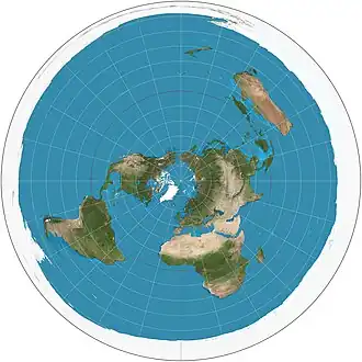 Image 9 Azimuthal equidistant projection Map: Strebe, using Geocart The azimuthal equidistant projection is an azimuthal map projection in which all points on the map are both proportionately correct distances from the center point and at the correct azimuth (direction) from the center point. Distances and directions to all places, however, are true only from the center point of projection. This projection has been used for the flag of the United Nations, for the USGS National Atlas of the United States of America, and for large-scale mapping of Micronesia, among others. More selected pictures
