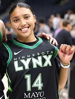 Fudd is wearing a Minnesota Lynx jersey while standing next to another player.