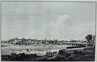 Engraving General view of Badajoz by Jean Jerôme Baugean and François Jacques Dequevauviller in 1812. In the right margin, the Door of San Vicente is distinguished