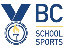 Current BC School Sports Logo (Design: The text "BC School Sports" in Dark Blue beside a dark blue medal with a yellow torch in the middle)