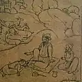 Baba Buddha, as a young boy, seeks the blessings of Guru Nanak. Pahari, brush drawing, from the family workshop of Nainsukh of Guler, last quarter of the 18th century.
