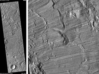 Bacolor Crater Ejecta, as seen by HiRISE. Scale bar is 1000 meters long.