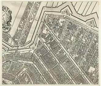 Map of Amsterdam by Balthasar van Berckenrode (1625). Shows Leidsegracht as the boundary of the buildings at the time, with the still short Prinsengracht (Prince Graft), ending at the Leidsegracht (top center).