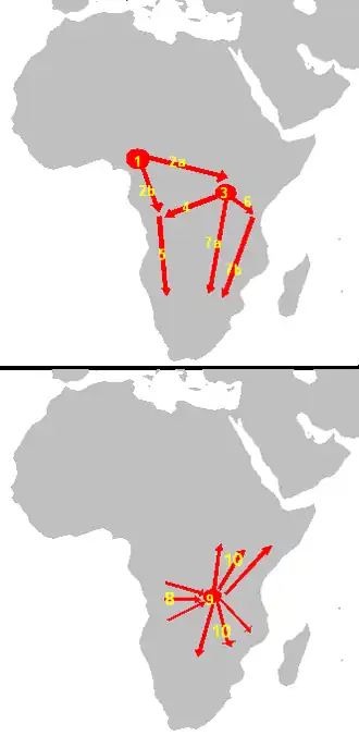 Image 2 1 = 2000–1500 BC origin 2 = c. 1500 BC first dispersal &nbsp;&nbsp;&nbsp;&nbsp; 2.a = Eastern Bantu &nbsp;&nbsp;&nbsp;&nbsp; 2.b = Western Bantu 3 = 1000–500 BC Urewe nucleus of Eastern Bantu 4–7 = southward advance 9 = 500–1 BC Congo nucleus 10 = AD 1–1000 last phase (from History of Africa)