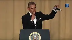 President Barack Obama ending his final Correspondents' Dinner speech with a mic drop at the 2016 Dinner.
