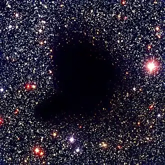 Barnard 68, at a distance of only 410 light-years, is one of the nearest Bok globules. Its diameter is about 12,500&nbsp;AU (0.198&nbsp;ly) (≈ 2 trillion km)