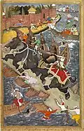 Basawan Akbarnama; c. 1590; watercolor on paper; 33 x 20&nbsp;cm; Victoria and Albert Museum (London)[96]