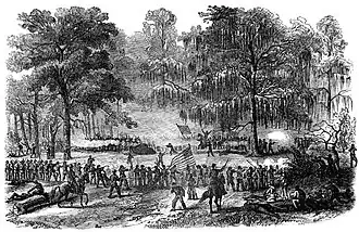 Black and white battle sketch shows a line of soldiers with the US flag in the woods firing at a distant line of soldiers with the Confederate flag.