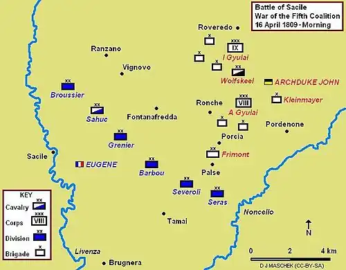 Battle of Sacile, 16 April 1809, showing morning positions