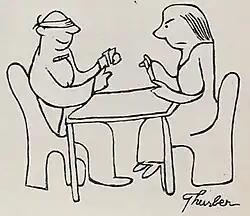 A drawing using only black lines on a white wall. A man and a woman sit at a table playing cards. The man is smiling and the woman is scowling.