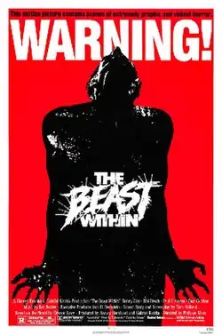 A black silhouette of a young man straining atop a red background, woth the logo placed in his center. A "WARNING" label is placed above him, specifying "This motion picture contains scenes of extremely graphic and violent horror".