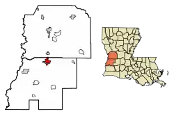Location of DeRidder in Beauregard Parish (south) and Vernon Parish (north), Louisiana.