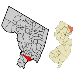 Location of Carlstadt in Bergen County highlighted in red (left). Inset map: Location of Bergen County in New Jersey highlighted in orange (right).