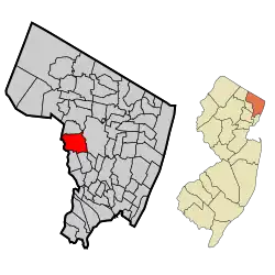 Location of Fair Lawn in Bergen County highlighted in red (left). Inset map: Location of Bergen County in New Jersey highlighted in orange (right).