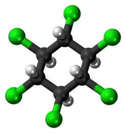 Ball-and-stick model of the beta-hexachlorocyclohexane molecule