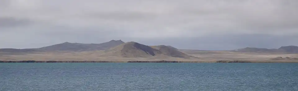 Smooth, rounded hills and flatlands covered in golden-brown vegetation lie beyond a lake under heavy cloud.