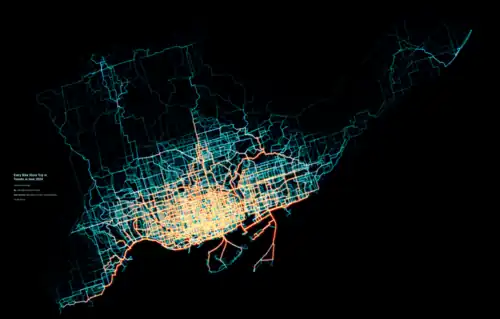 Visualization of every Bike Share trip in Toronto in June 2024