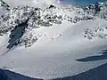 View of Blackcomb Glacier from the "Blowhole" entrance to Blackcomb Glacier Provincial Park. Spearhead Mtn in foreground, Phalanx Mtn on left