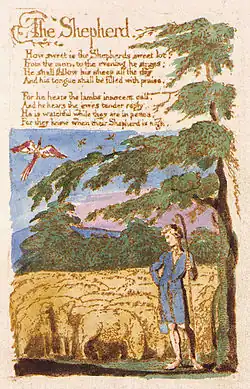 William Blake's hand painted print for his poem "The Shepherd" depicts the idyllic scene of a shepherd watching his flock with a shepherd's crook. This image represents copy B, printed and painted in 1789 and currently held by the Library of Congress.[6]