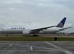 Image 46A United Airlines Boeing 777-200 taxiing on the tarmac of Heathrow Airport in January 2011. The Boeing 777 is a popular choice for airlines that operate a wide-body aircraft. (from Aviation)