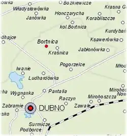 Bortnytsia (Bortnica) on the map of Soviet occupied Second Polish Republic (now Ukraine) before the massacres of Poles between 1942-1945